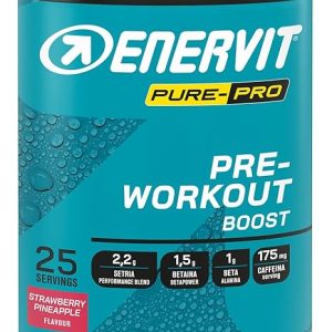 Enervit Pure-Pro Pre Workout Integratore in Polvere Gusto Fragola-Ananas, con Caffeina, Betaina, Beta-Alanina, Creatina, Potassio e Vitamina B6, Prepara il Fisico per Workout Intensi, Vegan, 313g