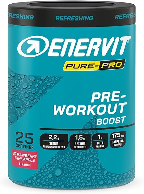 Enervit Pure-Pro Pre Workout Integratore in Polvere Gusto Fragola-Ananas, con Caffeina, Betaina, Beta-Alanina, Creatina, Potassio e Vitamina B6, Prepara il Fisico per Workout Intensi, Vegan, 313g